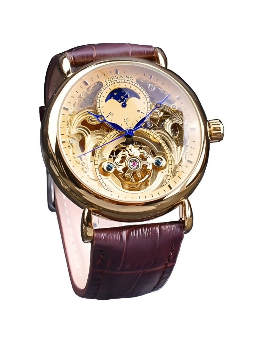 Luxury Men's Watch with Moon Phase & Tourbillon, Retro Skeleton Hollow